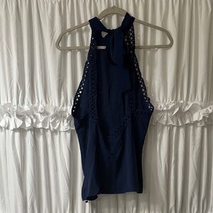 Navy Blue Backless Halter Top with Lace Details